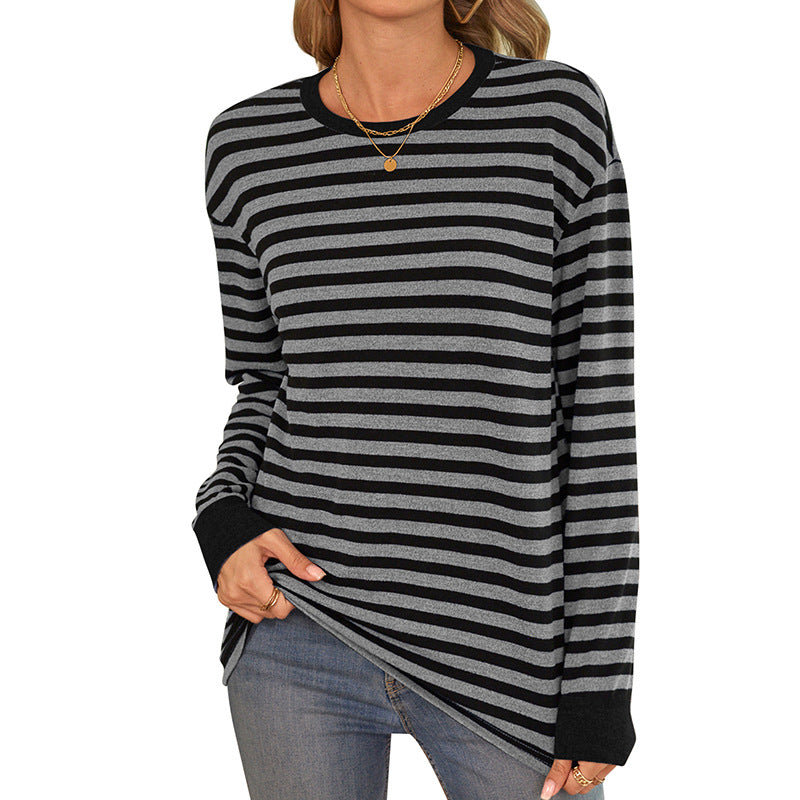Women's Striped Long-Sleeve Shirt with Crew Neck