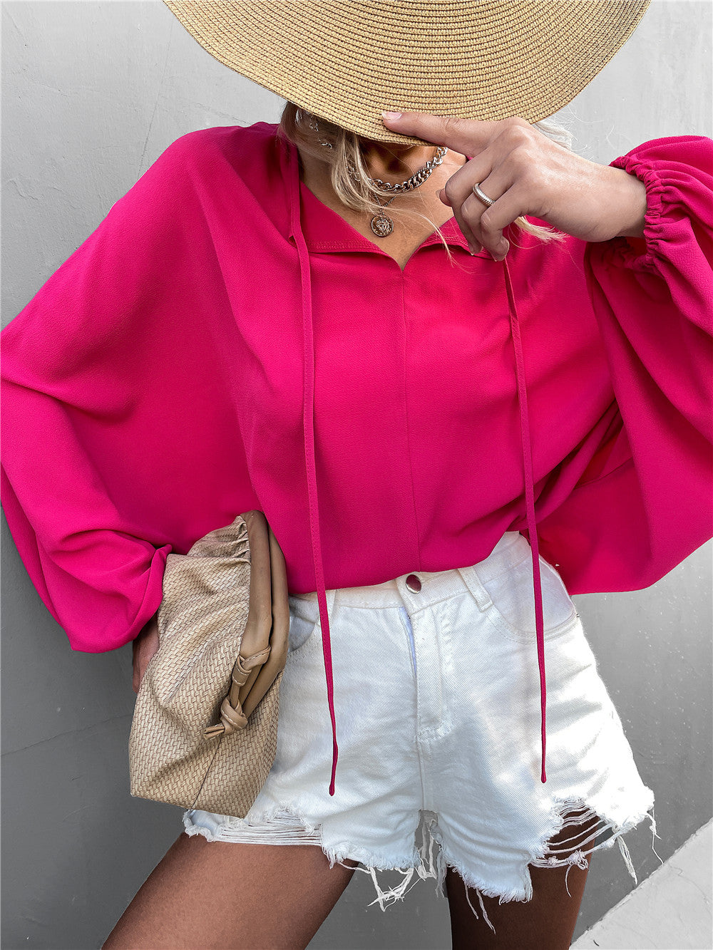 Women's Airy Blouse with Wide Sleeves and Bow Detail