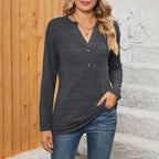 Women's Long-Sleeve Shirt with Button Placket and V-Neck