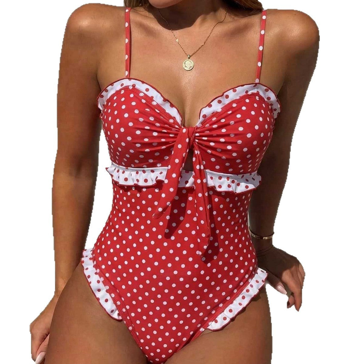 Women's Swimsuit with Trendy Polka Dot Design and Playful Ruffles