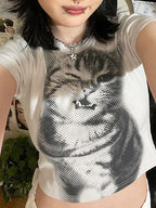 Women's Crop T-Shirt with Creative Cat Motif