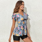 Women's Swim Top with Floral Design and Voluminous Ruffle Details