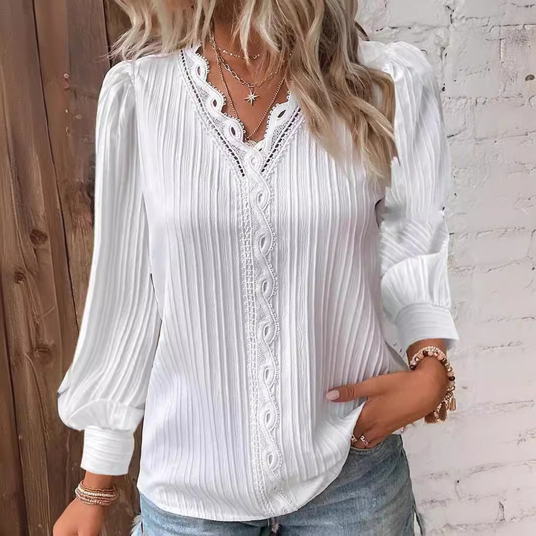 Women's Blouse with Textured Design and Romantic Lace Accents