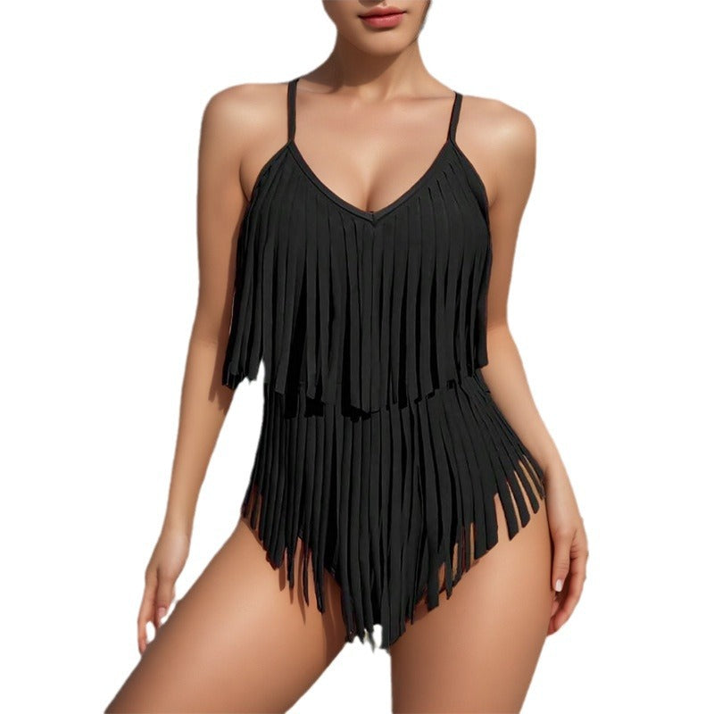 Women's Swimsuit with Fringed Sleeve Design and V-Neck