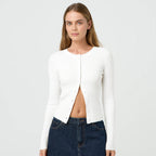 Women's Form-Fitting Knit Cardigan with Button Placket and Long Sleeves