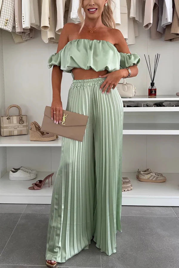 Women's Elegant Set with Flowy Top and Pleated Trousers
