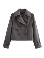 Women's Cropped Trench Jacket with Double-Breasted Button Placket and Adjustable Sleeves