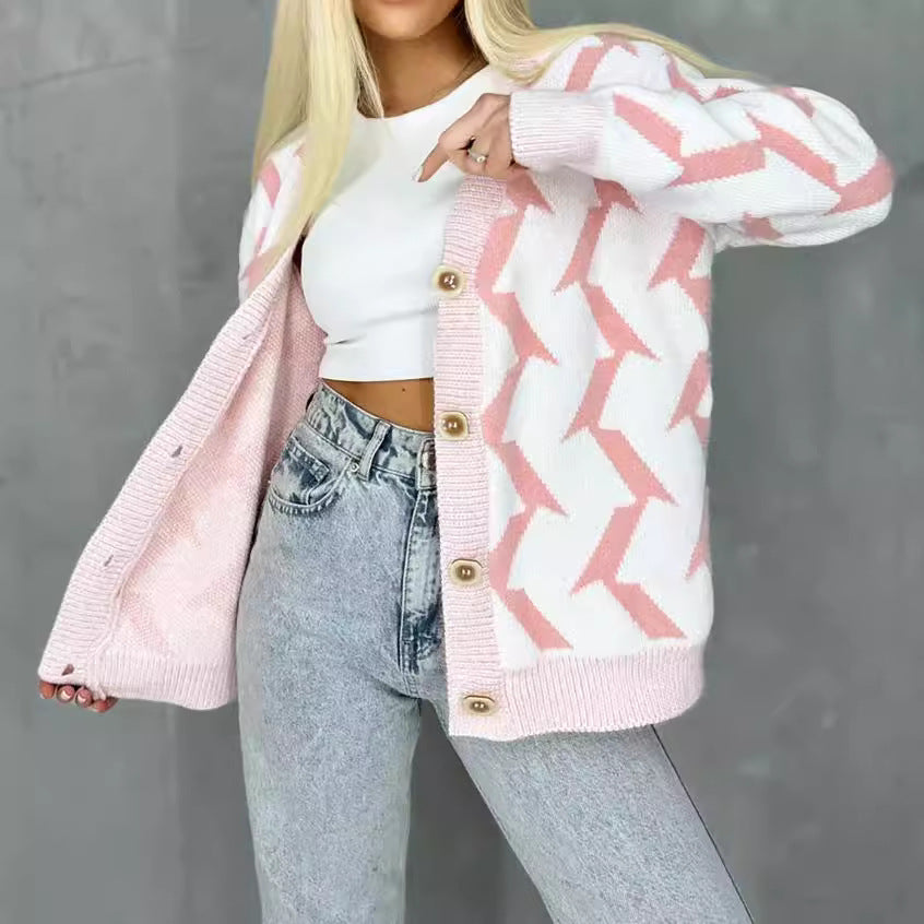 Women's Cozy Knit Cardigan with Modern Lightning Design and Button Closure