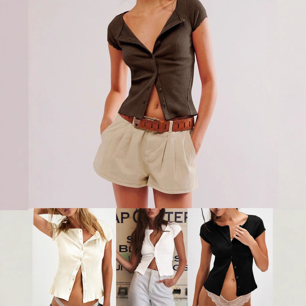 Women's Short-Sleeve Polo Shirt in Elegant Ribbed Pattern