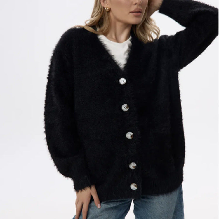 Women's Fluffy Cardigan with Pearl Buttons and Loose Fit