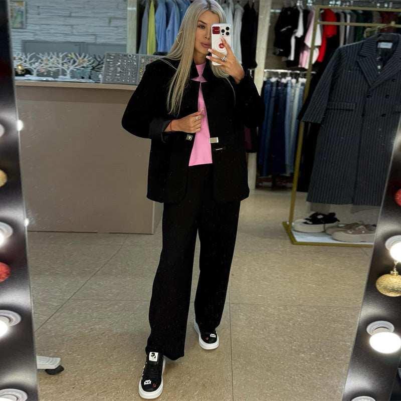 Women's Casual Sweater-Blazer Combo with Wide-Leg Pants