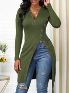 Women's Form-Fitting Wrap Shirt with Button Details and Deep V-Neck
