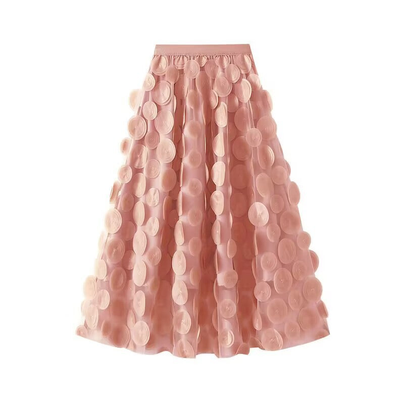 Flared Midi Skirt with Transparent 3D Appliqués and Elastic Waistband