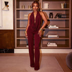 Elegant Deep V-Neck Jumpsuit in Flowing Fabric