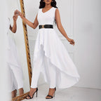 Women's Elegant Jumpsuit with Asymmetric Skirt and Deep V-Neck