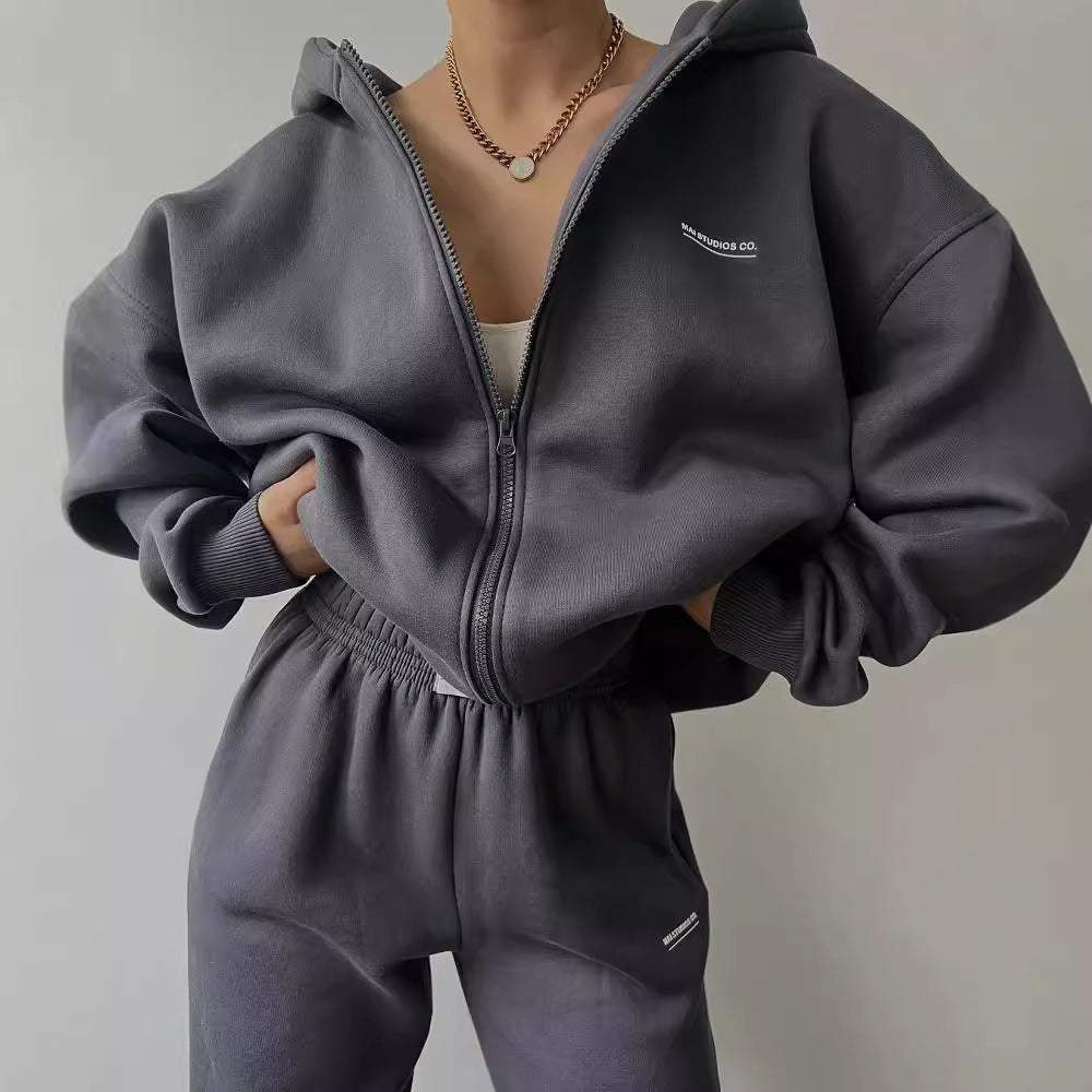 Women's Oversized Hooded Sweat Jacket and High-Waist Jogging Pants Set