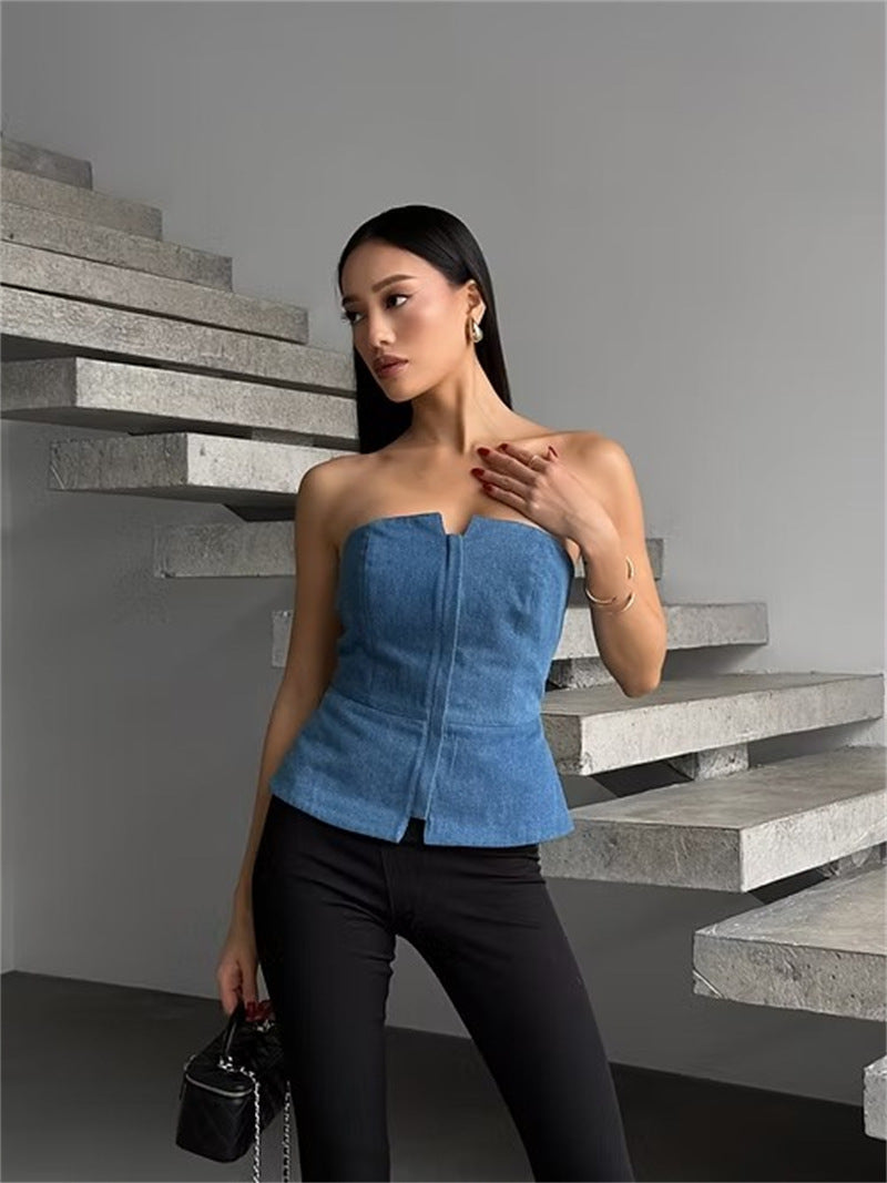 Women's Sleeveless Denim Top with Zipper