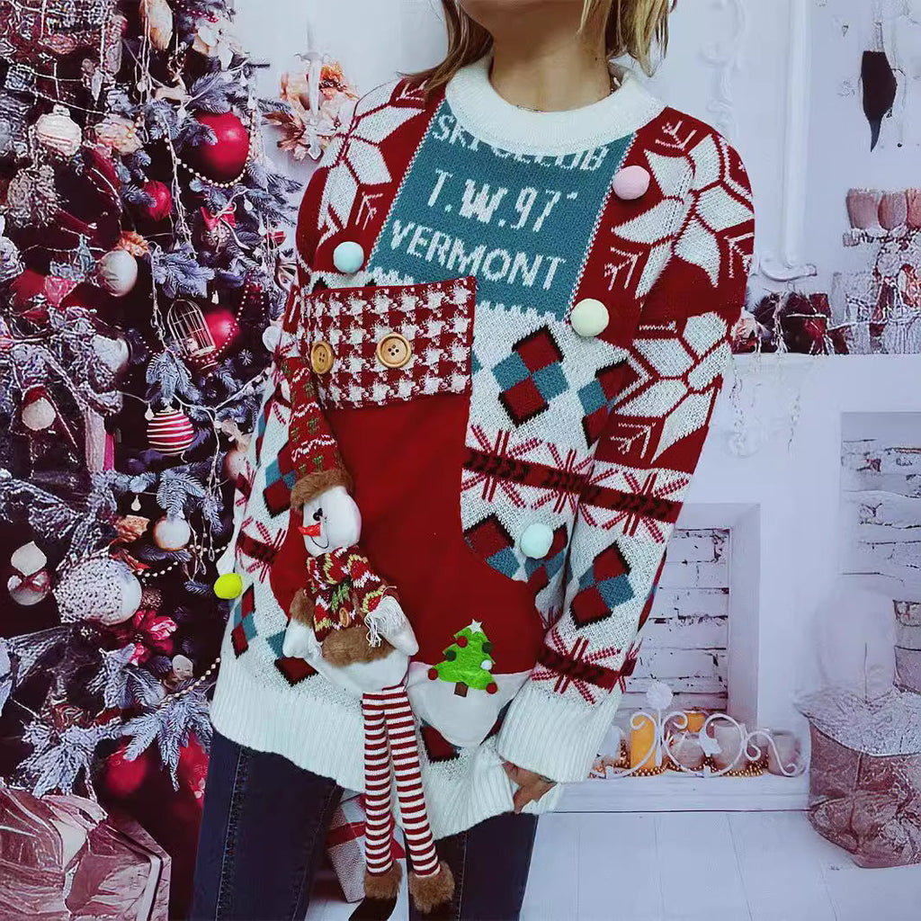 Women's Festive Sweater with Winter Snowman Motif and Decorative Details