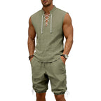 Men's Sleeveless Leisure Set with Lace Collar and Drawstring Bermuda