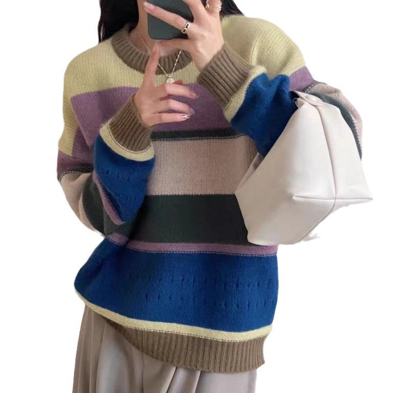 Women's Coarsely Knitted Sweater with Casual Stripes