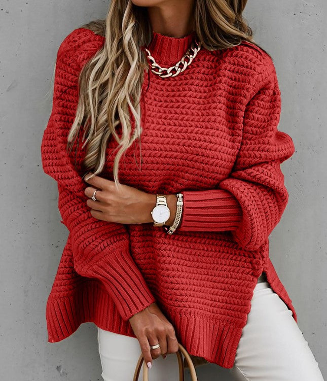 Women's Chunky Knit Sweater with Modern Structure Design and High Collar