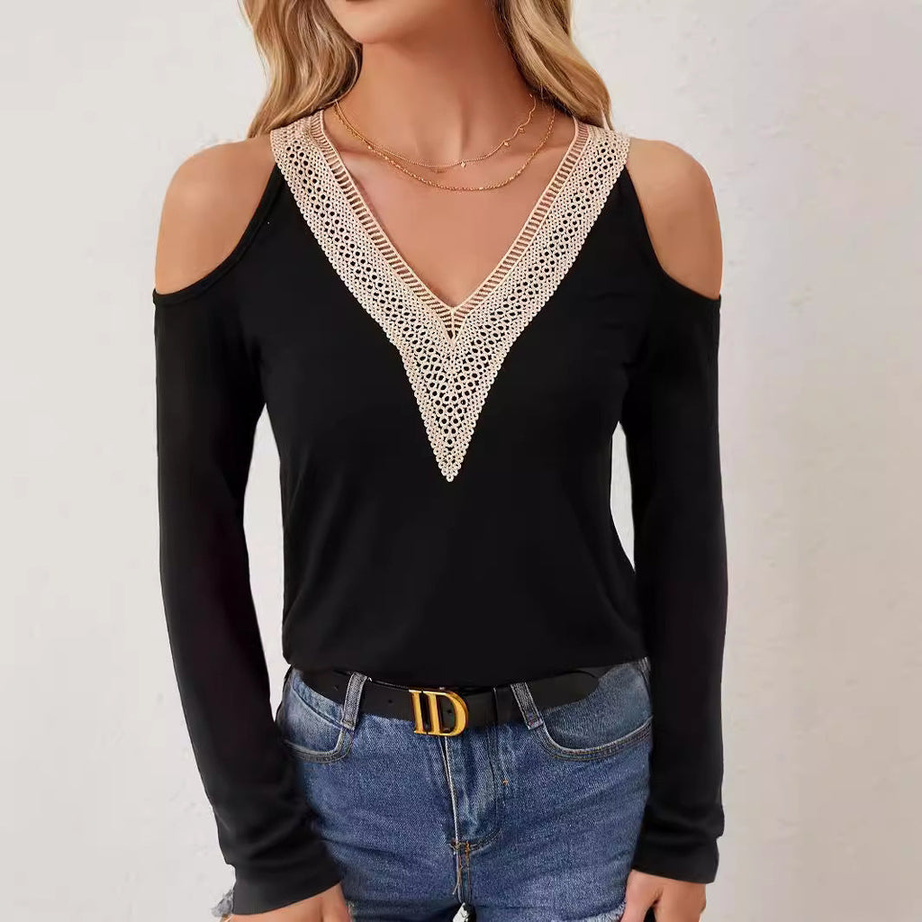 Women's Elegant Long-Sleeve Shirt with Decorative Neckline