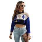 Women's Cropped Knit Sweater with Geometric Pattern and Wide Fit