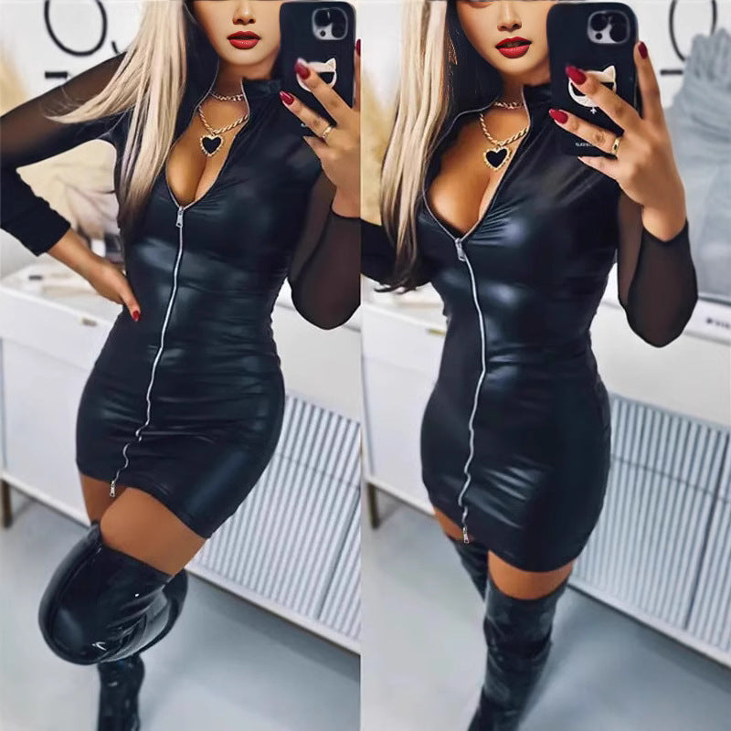 Women's Fitted Faux Leather Mini Jumpsuit with Sheer Sleeves and Zipper