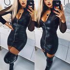 Women's Fitted Faux Leather Mini Jumpsuit with Sheer Sleeves and Zipper