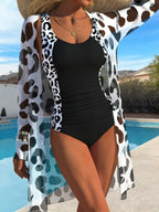 Women's Swimsuit with Leopard Print and Sheer Cover-Up
