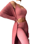 Women's Cozy Fine Fleece Lounge Set with Open Cardigan and Crop Top