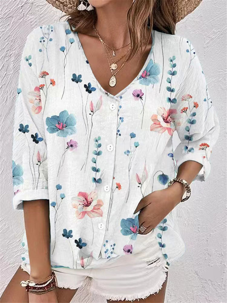 Women's Casual Floral Blouse with Button Details