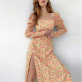 Women's Floral Maxi Dress with Asymmetric Slit and Puff Sleeves