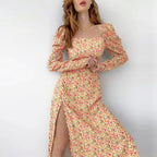 Women's Floral Maxi Dress with Asymmetric Slit and Puff Sleeves