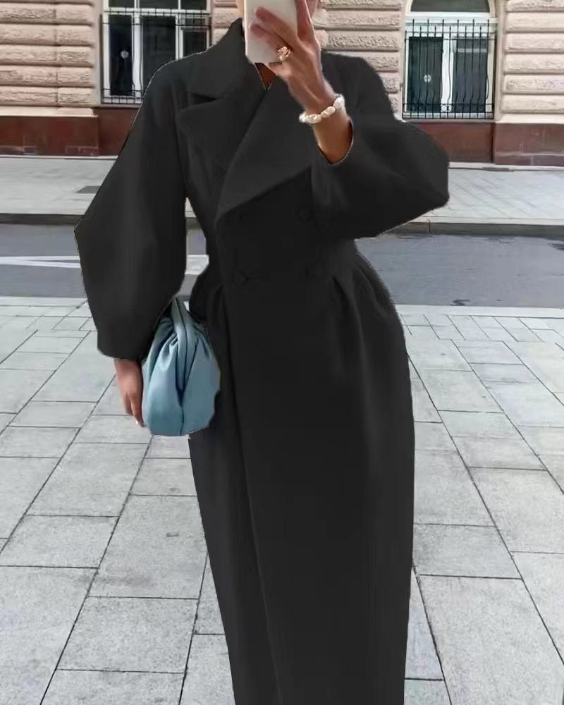Women's Elegant Trench Coat with High Slit and Puff Sleeves
