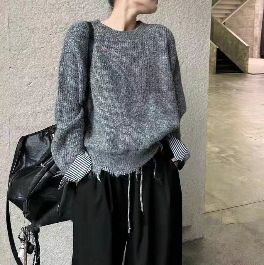 Women's Chunky Knit Sweater with Contrast Cuffs and Casual Fit