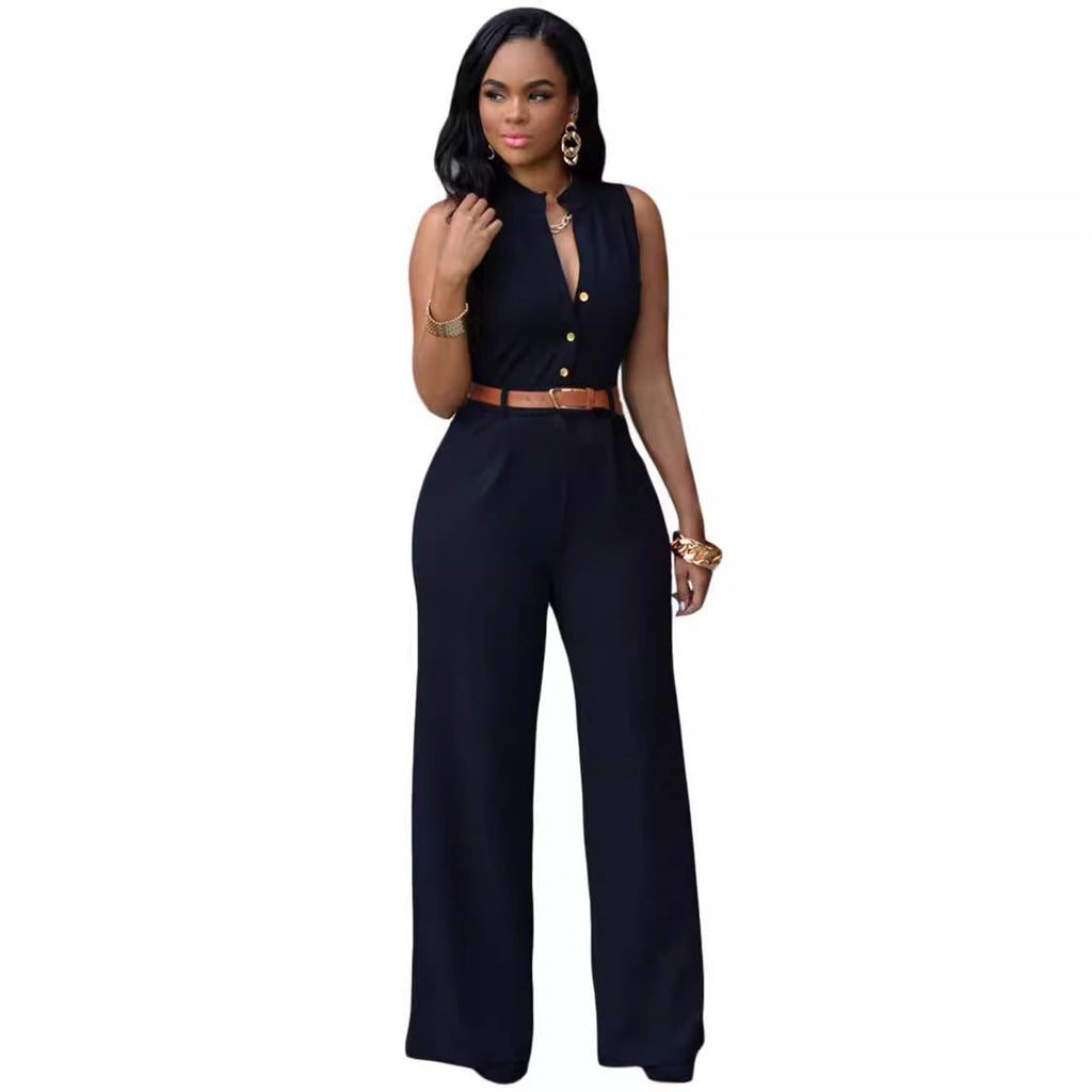 Women's Elegant Jumpsuit with Belt and Button Detail
