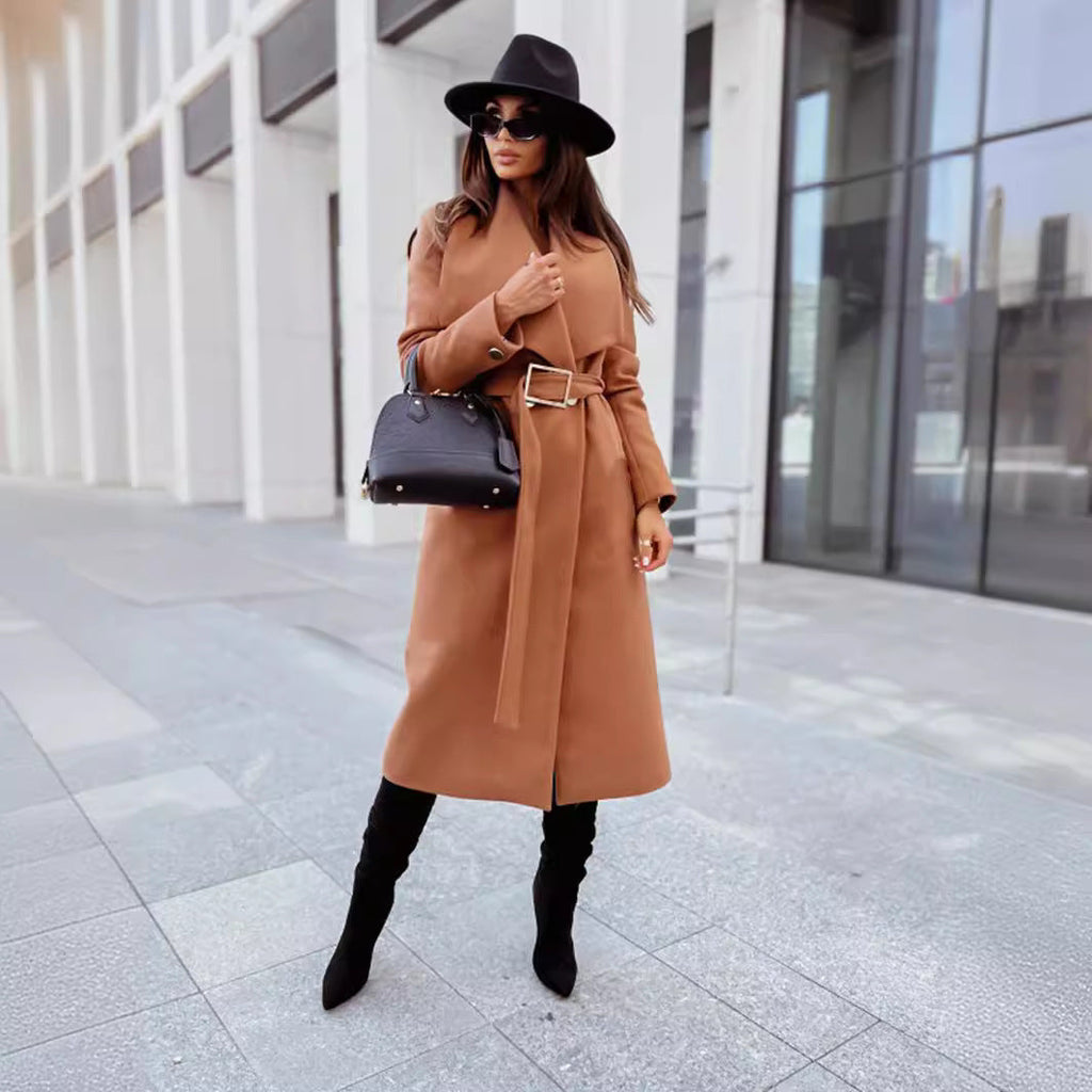 Elegant Trench Coat with Belt and Textured Fabric