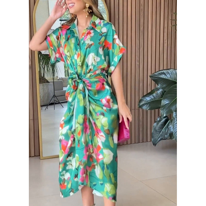 Women's Airy Caftan with Floral Design and Decorative Knot