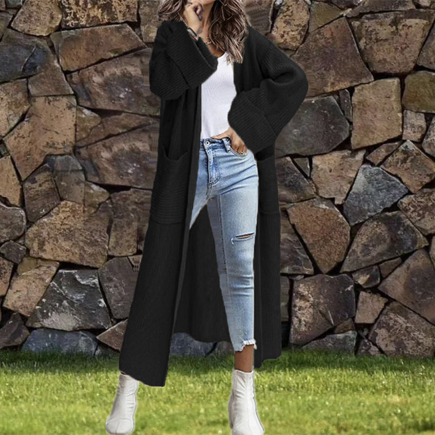 Women's Long Knit Coat with Deep Pockets and Elegant Design