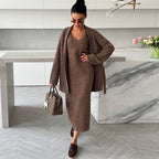 Women's Elegant Knit Ensemble with Wrap Jacket and Pencil Skirt