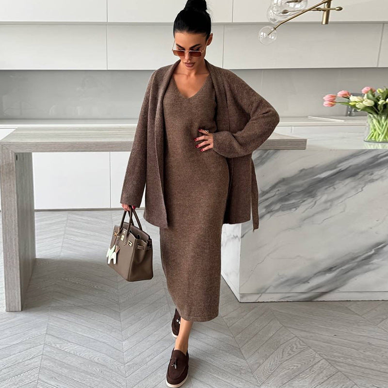 Women's Elegant Knit Ensemble with Wrap Jacket and Pencil Skirt