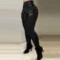 Women's Form-Fitting Faux Leather Leggings with Buckle Details
