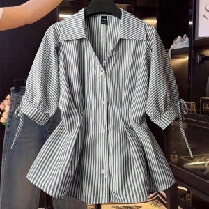 Women's Blouse with Elegant Ruffle Details and Striped Pattern