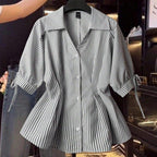 Women's Blouse with Elegant Ruffle Details and Striped Pattern