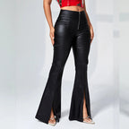 Women's Faux Leather Trousers with Side Slits