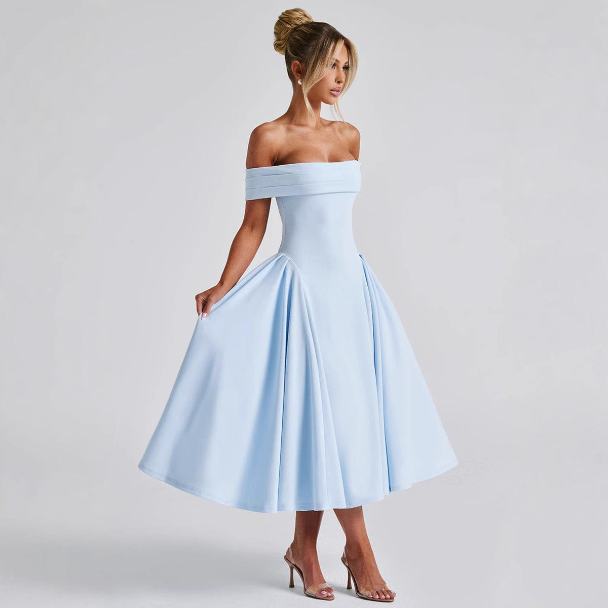 Women's Cocktail Dress with Off-Shoulder Design and Voluminous Skirt