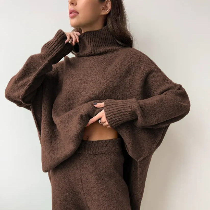 Women's Cozy Knit Ensemble with High Collar and Wide-Leg Pants