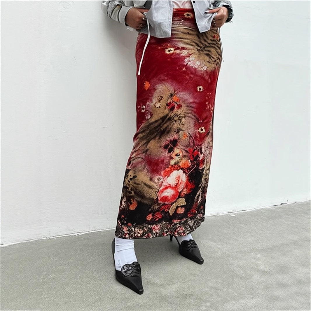 Women's Long Satin-Chiffon Maxi Skirt with Floral Watercolor Print