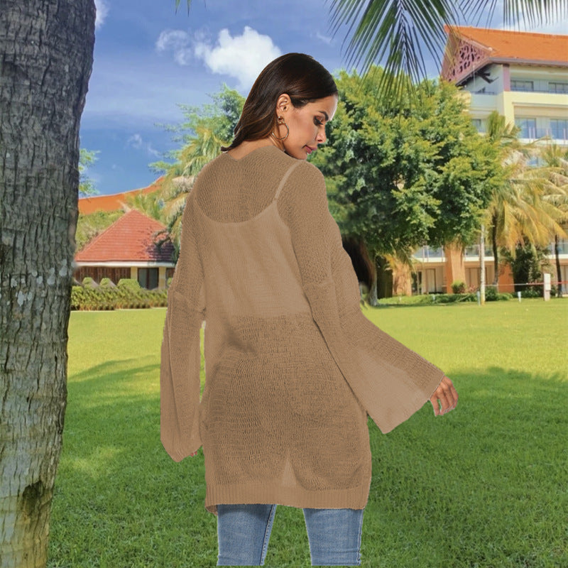 Long Knit Cardigan with Casual Cut and Wide Sleeves